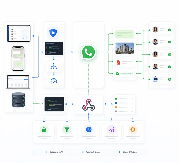 Arquitectura de API, webhooks y eventos de WhatsApp con WAD