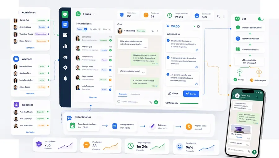 Educación con WADO, bots, recordatorios, admisiones y métricas en WhatsApp