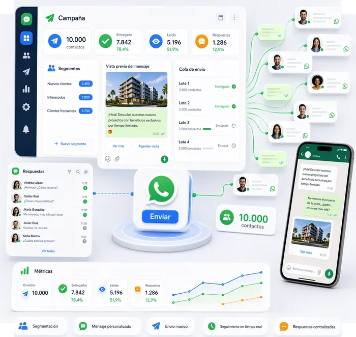 Envíos masivos por WhatsApp con campañas, métricas y gestión de respuestas