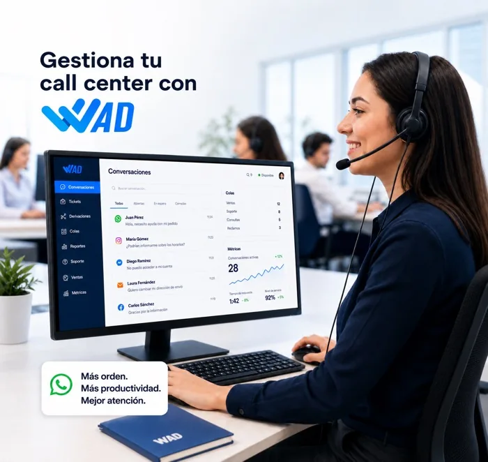 WhatsApp para call centers y contact centers con multiagente métricas e IA