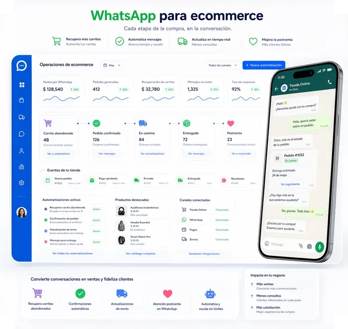 WhatsApp para ecommerce con carritos abandonados, pedidos y automatización en WAD