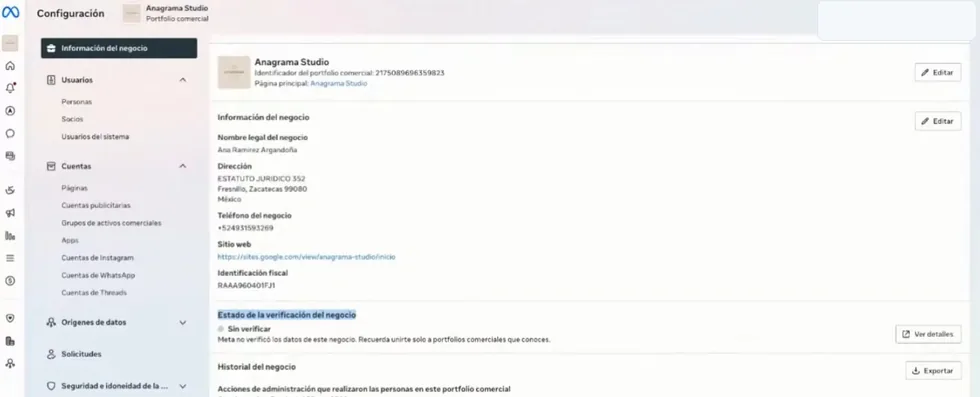 Pantalla de configuración de portafolio comercial de Meta, resaltando Estado de verificación del negocio